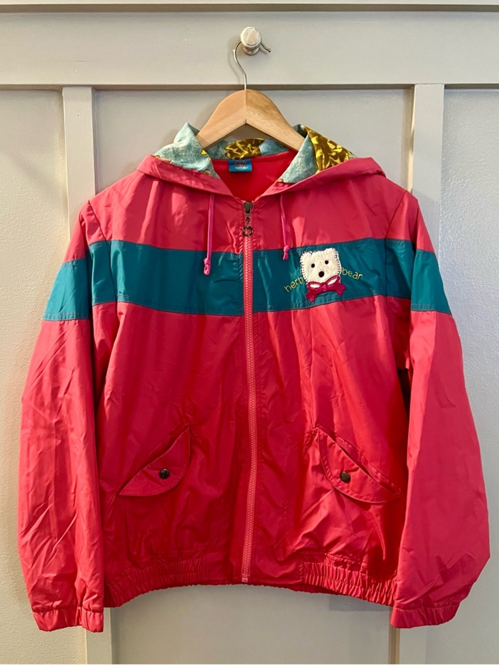 Vintage Herb Bear Pink & Teal Hooded & Lined Windbreaker with Teddy Patches